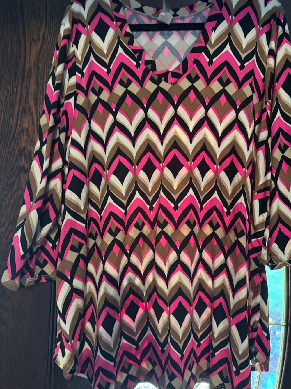 Honeyme Pink Black Tan Geometric V-Neck Tunic
